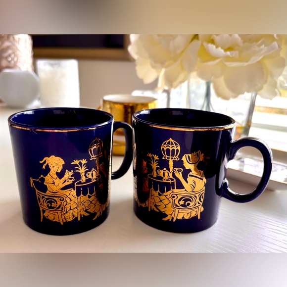 Japanese Matcha Mugs Vintage Blue and Gold - Ornate Ladies Tea Tome Design - Picture 1 of 11